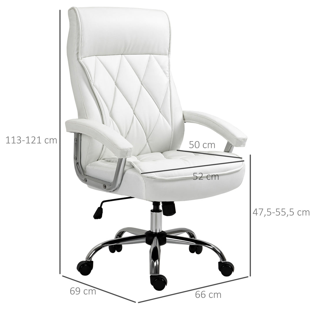 Kontorstol, ergonomisk skrivebordsstol, højdejusterbar drejestol med vippefunktion, diamantmønster, kunstlæder, polstret chefstol, hvid
