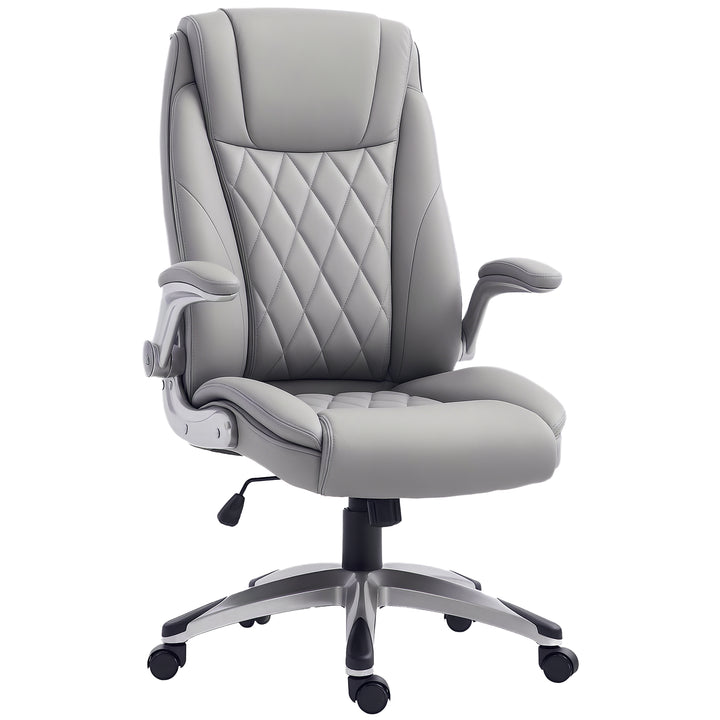 Kontorstol, ergonomisk drejestol, computerstol med vippefunktion, højdejusterbar med nakkestøtte og polstrede armlæn, kunstlæder, grå, 70 x 71 x 113–121 cm