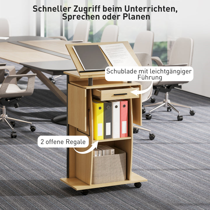 Rullende podiumstativ, talerpult med foldbare sidevinger, laptopbord med skuffe og hylder, egetræslook