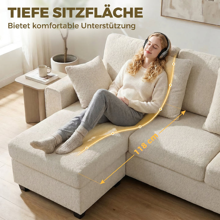 Hjørnesofa med vendbar chaiselong, 3-personers sofa med fløjlslook, bredt og dybt sæde, fjerhynder, beige