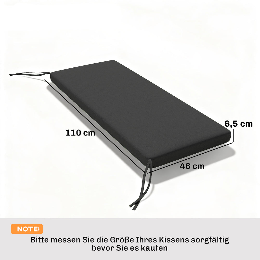 Vandafvisende bænkhynde, udendørs siddehynde med aftageligt betræk og fastgørelsesstropper til have og terrasse, 110 x 46 cm, mørkegrå