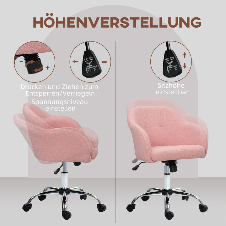 Hjemmekontorstol, ergonomisk skrivebordsstol med vippefunktion, teddy velvet look 56 x 61 x 86 cm pink