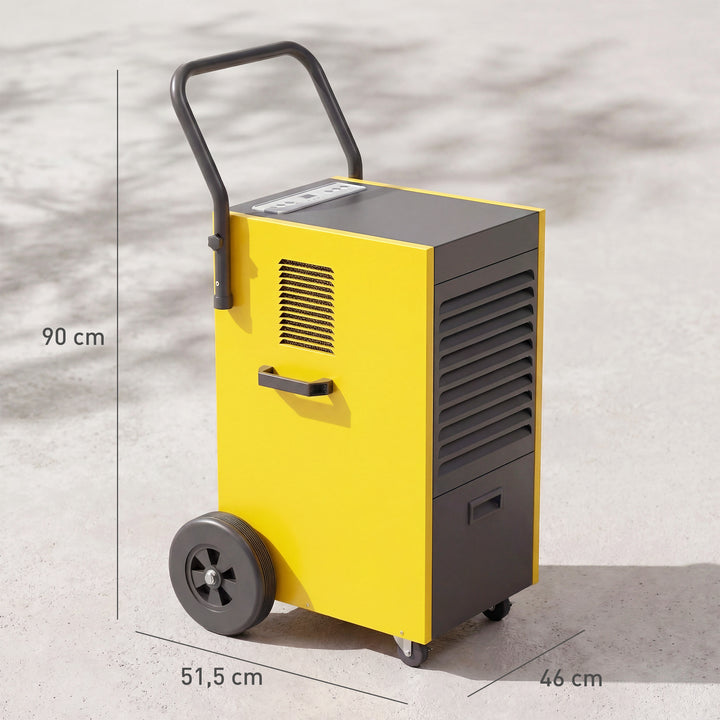 Kommerciel affugter 70L/dag med hjul og håndtag, kontinuerlig afløbsslange, 24-timers timer, 5,5L tank, gul