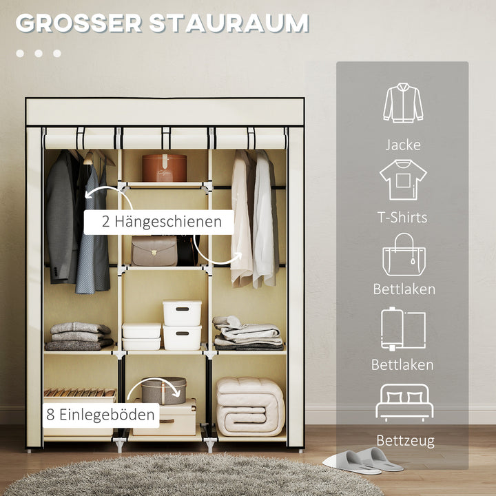 Stofgarderobe, opbevaringsløsning, 8 hylder, 2 tøjstativer, cremehvid