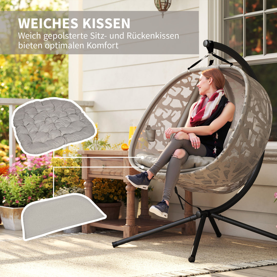 Hængestol til 2 personer, foldbar siddekurv, stor siddehynde, sand, 130 x 103 x 172 cm
