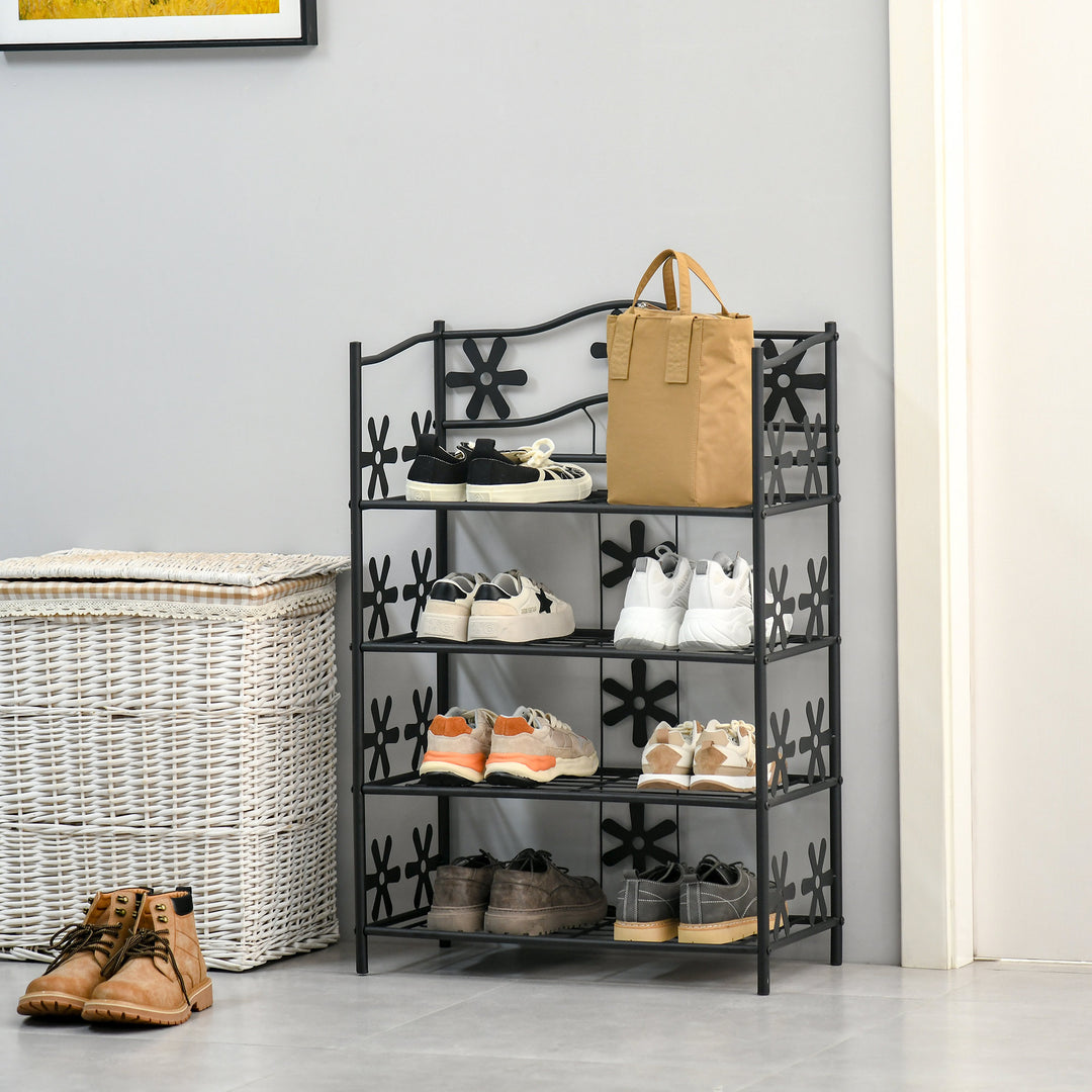 Lille skohylde, pladsbesparende blomsterhylde, plantestativ, fritstående hylde, 4 etager, metal, sort, 59,5 x 30 x 92 cm