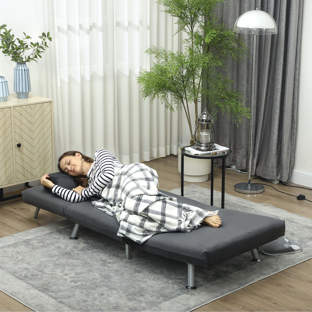 Klapstol med sengefunktion, foldbar afslapningsstol i fløjlslook, justerbar ryglæn, 75 x 70 x 75 cm, mørkegrå