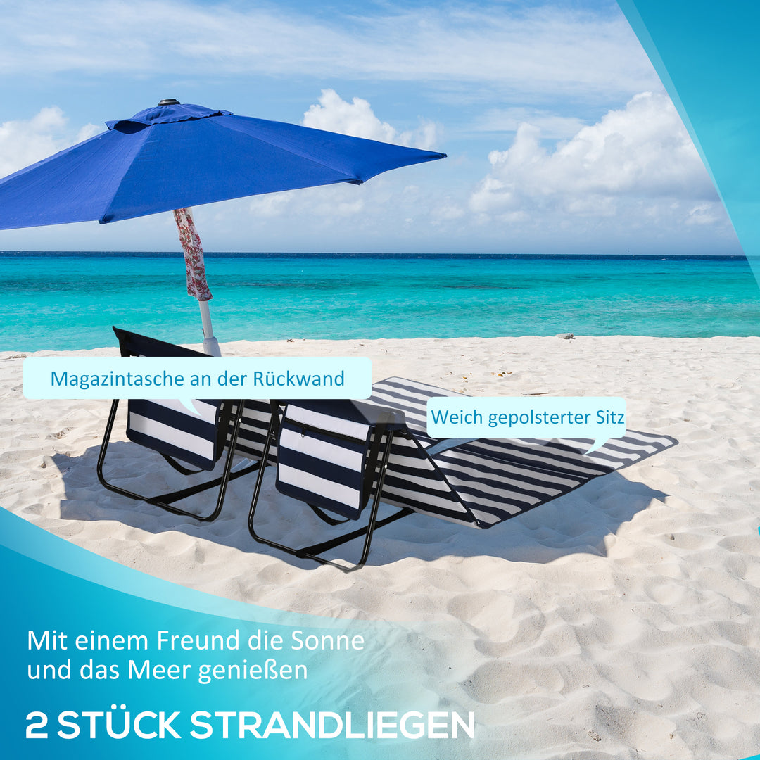 Sammenklappelig strandstol med justerbar ryglæn, sidelomme, blød polstring, stålstel, blå og hvid, 142x51x40cm