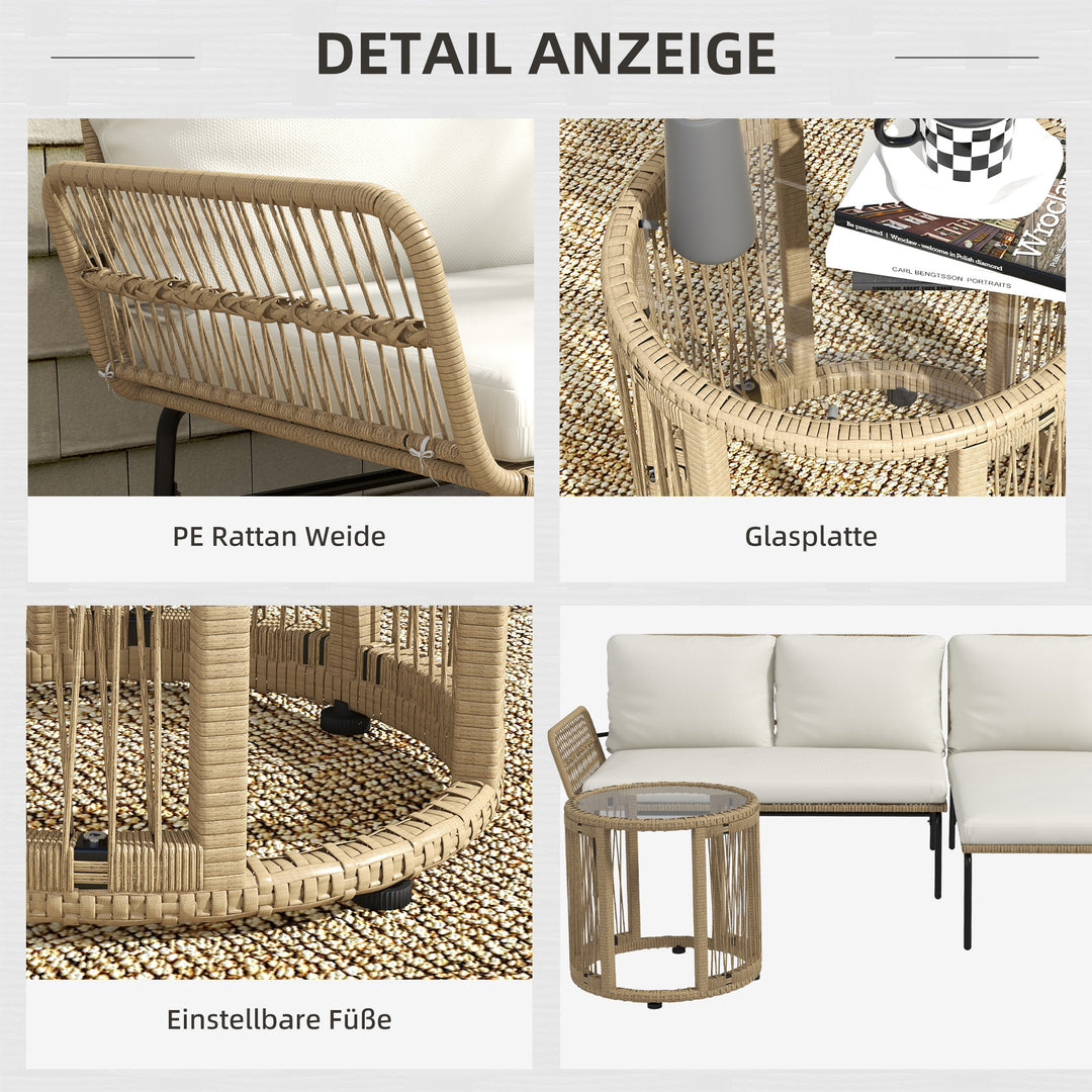 Polyrattan havemøbelsæt, 3 dele, med liggestol, to-personers sofa, aftageligt sofabord, hynder i naturhvid og cremehvid.