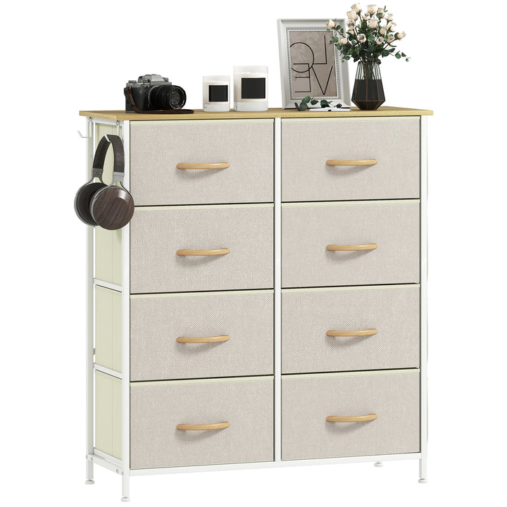 Kommode til soveværelset med 8 stofskuffer, stålstøtter, træfinish, 4 opbevaringslommer, 2 kroge, beige