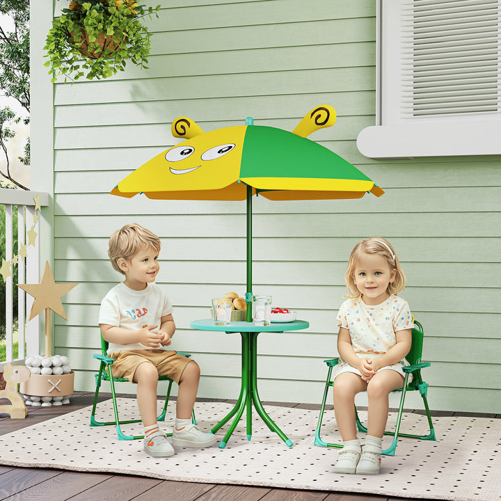 Børnehavemøbelsæt, stole, bord, parasol, bidesign, grøn+gul