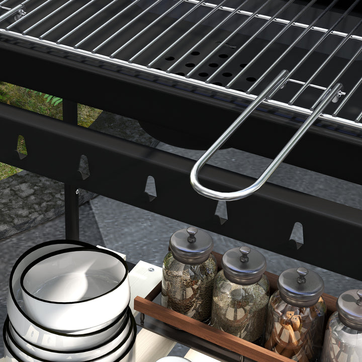 Metalkulgrill BBQ-ryger med hjul, højdejusterbar grillrist, træhylde, 103x47x95 cm, sort