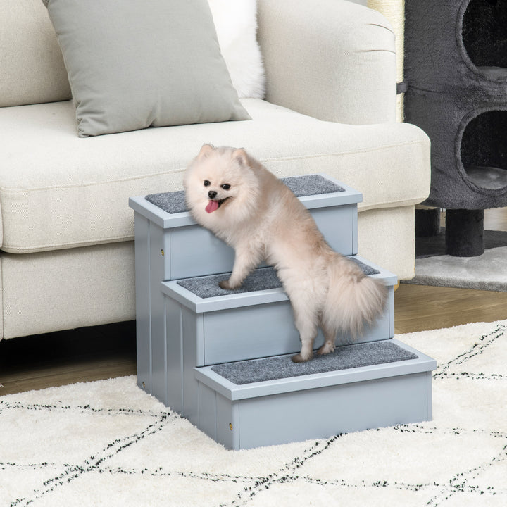 Hundetrappe 3 trin kattetrappe kæledyrstrappe hundetrappe til hunde og katte kæledyrstrappe indgangshjælp med tæppe opbevaringsplads til sovesofa grantræ grå 40,5 x 44,5 x 38 cm