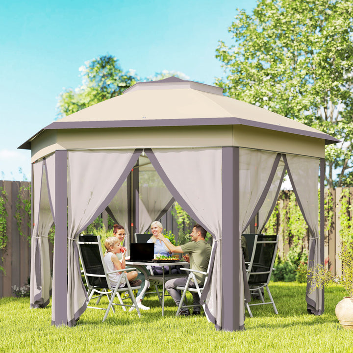 Havepavillon, foldbar pavillon, 4 x 4 m pop-up telt, partytelt inklusive bæretaske, 6 sidepaneler, dobbelt tag, sekskantet, beige
