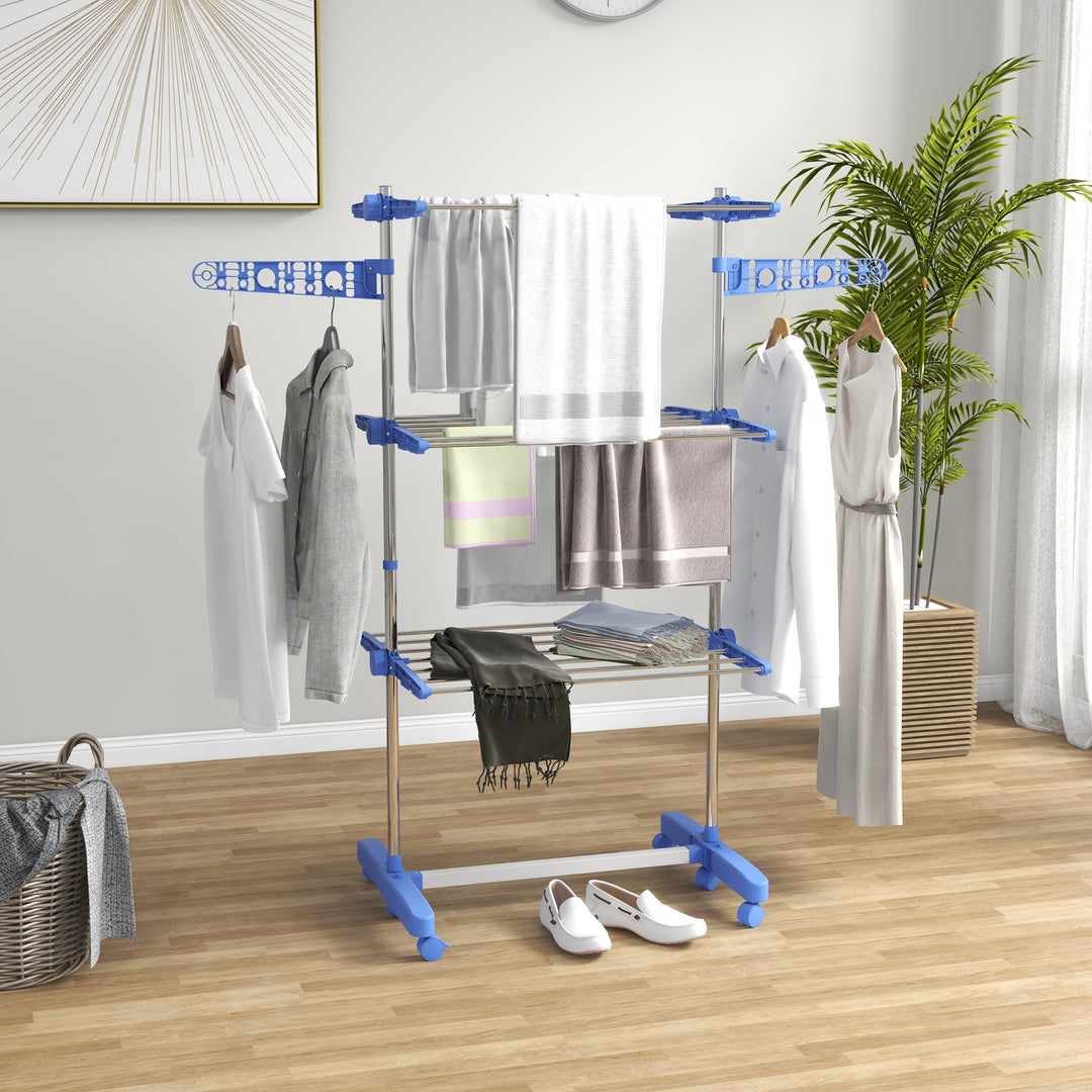Tørrestativ. 4 niveauer, foldbar, et-klik-system, 142 cm x 55 cm x 152 cm, blå + sølv