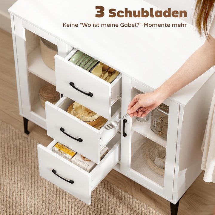 Moderne skænk med soft-close døre, buffetskab med 3 skuffer, 2 vitrinedøre, justerbare hylder, MDF, hvid