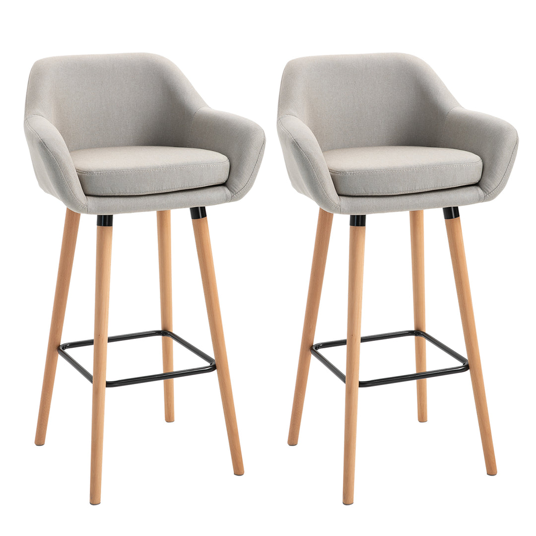 Sæt med 2 barstole, inklusive fodskammel, massivt træ, 55 cm x 48 cm x 100 cm, beige