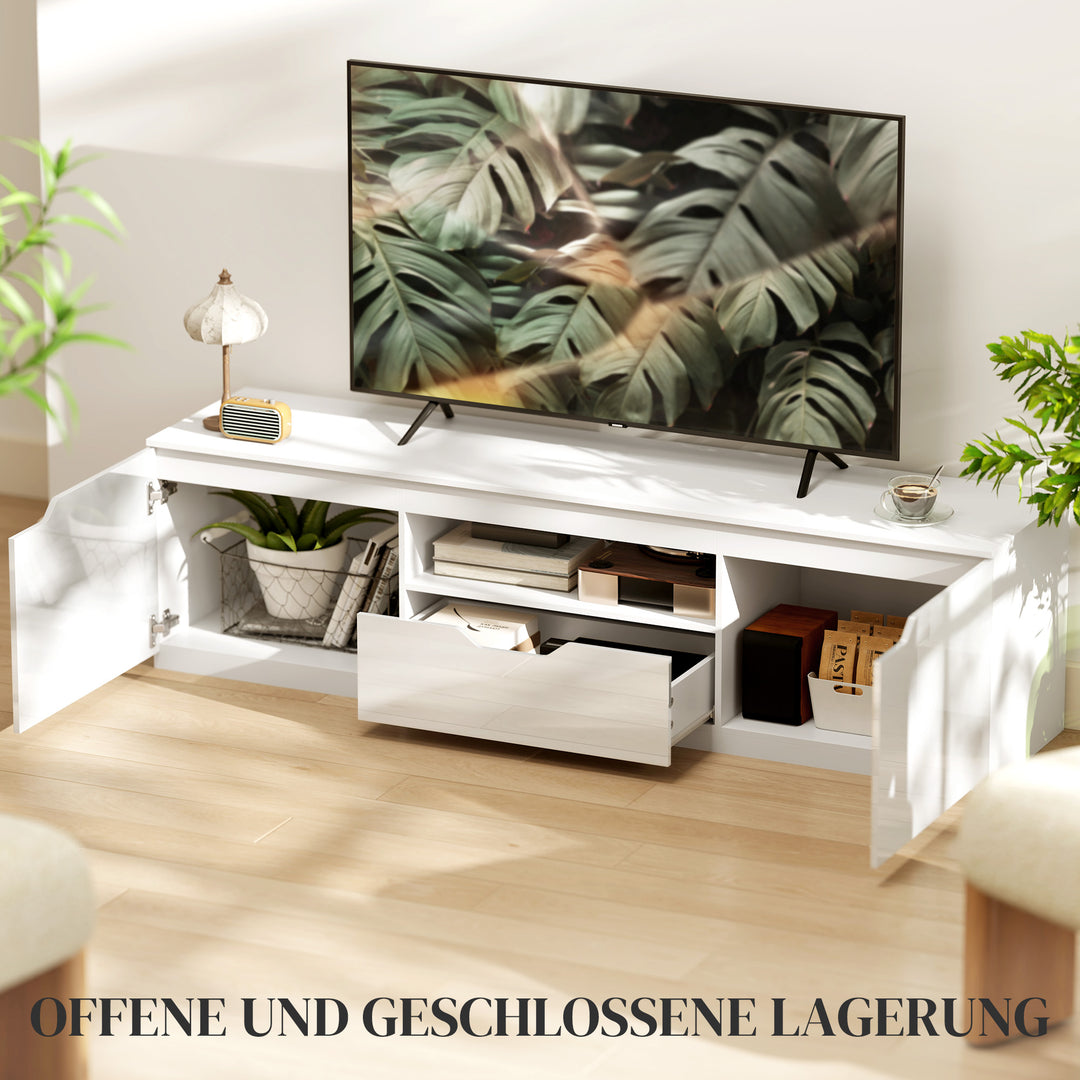 Tv-lavbord, højglans, til tv op til 65'', 3 rum, skuffe, 160 x 38 x 43 cm, hvid