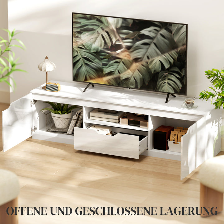 Tv-lavbord, højglans, til tv op til 65'', 3 rum, skuffe, 160 x 38 x 43 cm, hvid