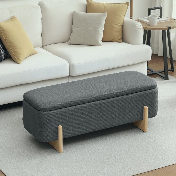 Opbevaringsskammel, skumpolstret sæde, linnedlook, 111 x 44 x 44,5 cm, mørkegrå