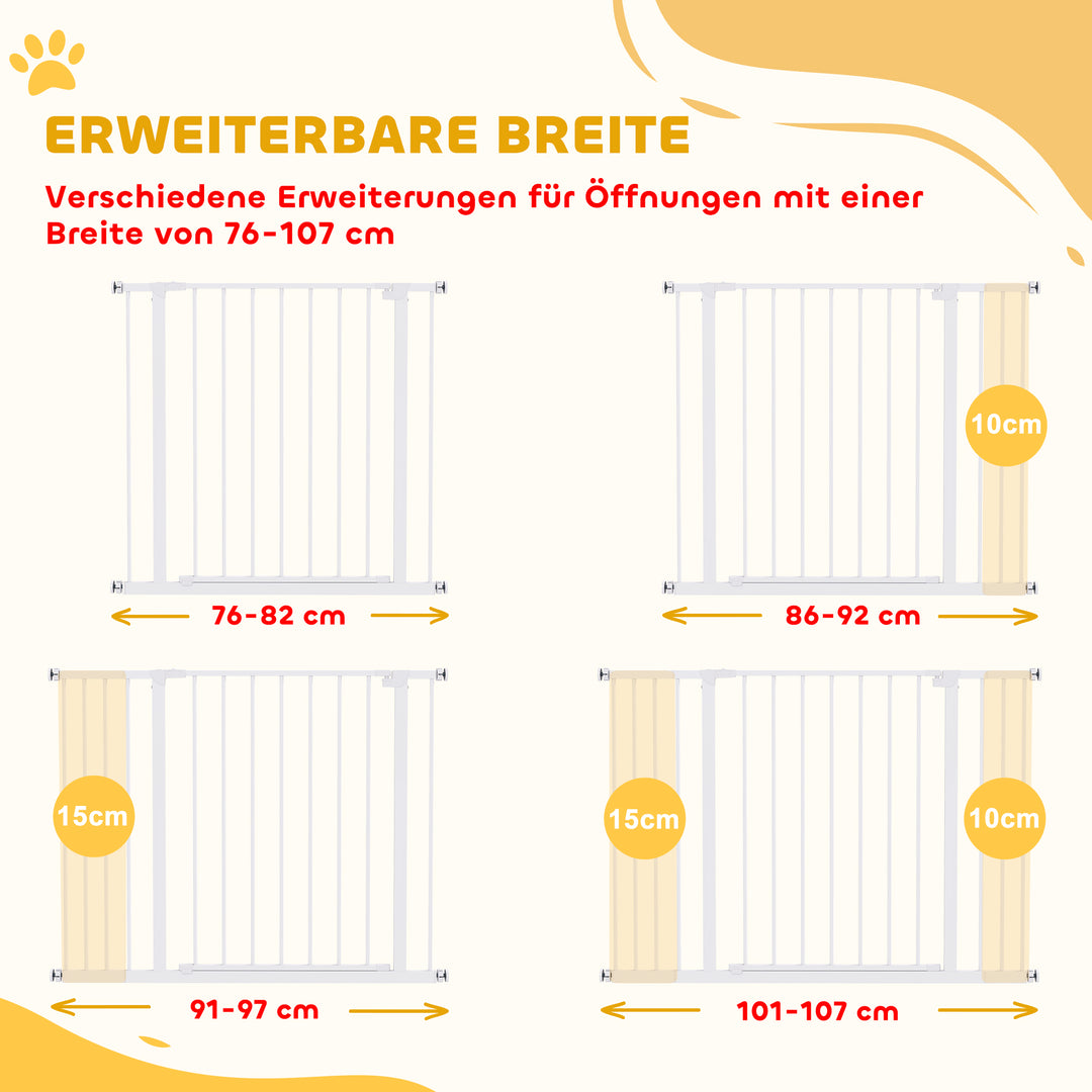 Dørsikkerhedslåge, trappesikkerhedslåge uden boring, hundebarrierer, kæledyrssikkerhedslåge, hundegitter, klemmemontering, metal, hvid, 76-107 x 76 cm