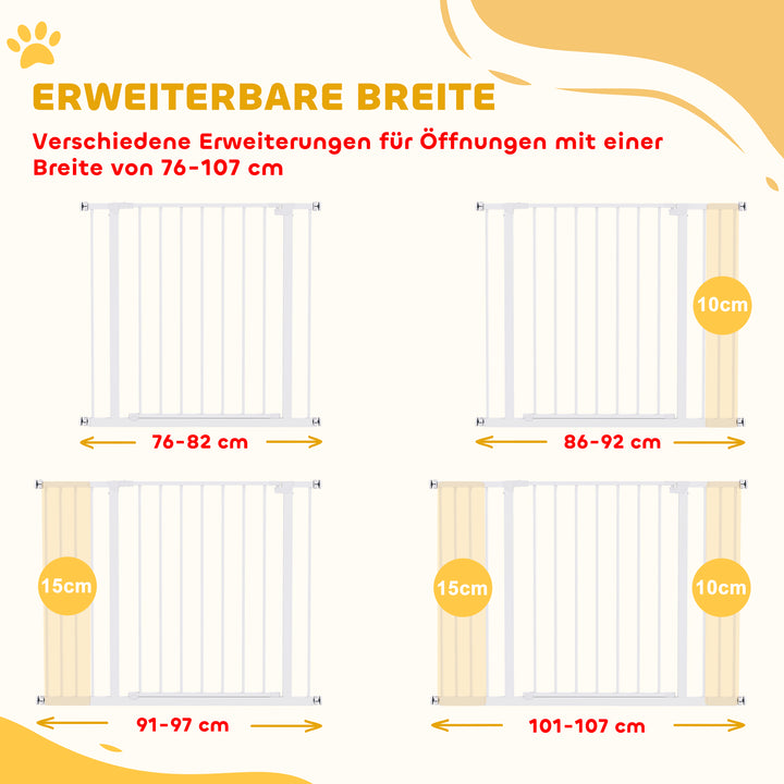 Dørsikkerhedslåge, trappesikkerhedslåge uden boring, hundebarrierer, kæledyrssikkerhedslåge, hundegitter, klemmemontering, metal, hvid, 76-107 x 76 cm