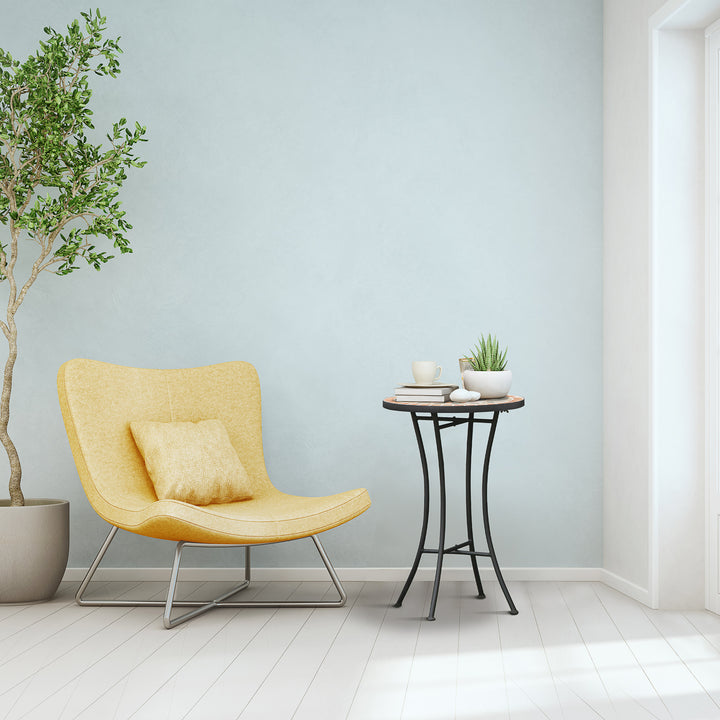 Sidebord, havebord, Ø35,5 cm, rundt, vejrbestandigt, netdesign, balkonbord med mosaikmønster, campingbord i metal, sofabord til stue, kontor, udendørs, indendørs, gul+grå