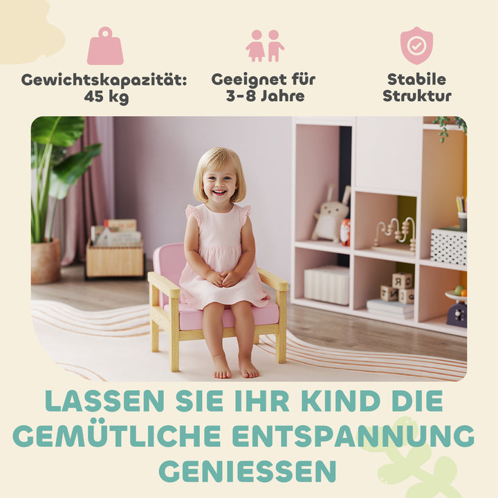 Børnelænestol/sofa med fløjlslook, ben i massivt træ, skumhynde, børnestol til børneværelse/legerum, 46,5 x 44 x 45 cm, til børn 3-8 år, pink