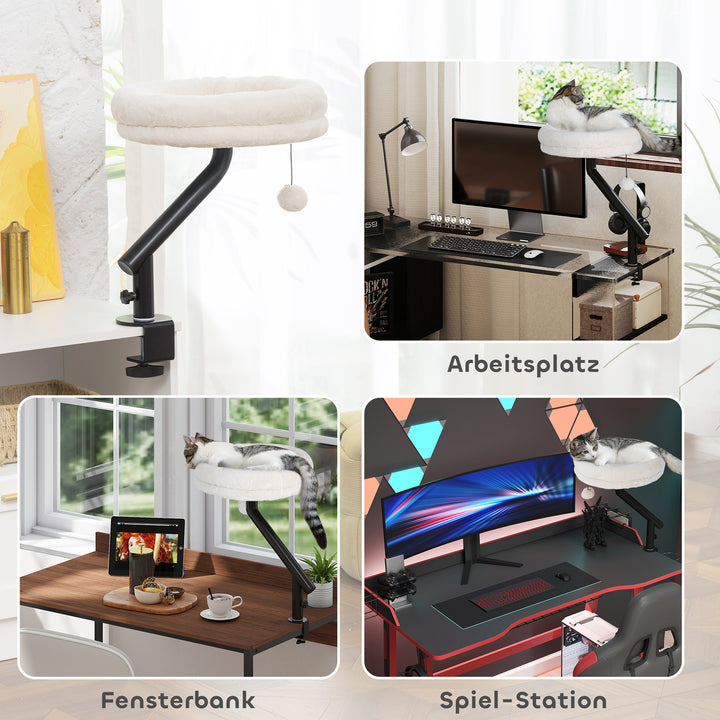 Katteseng til skrivebord, katteseng til skrivebord med 360° rotation, justerbar højde, katteseng med aftagelig, maskinvaskbar seng, til katte under 6 kg, hjemmekontor, cremehvid