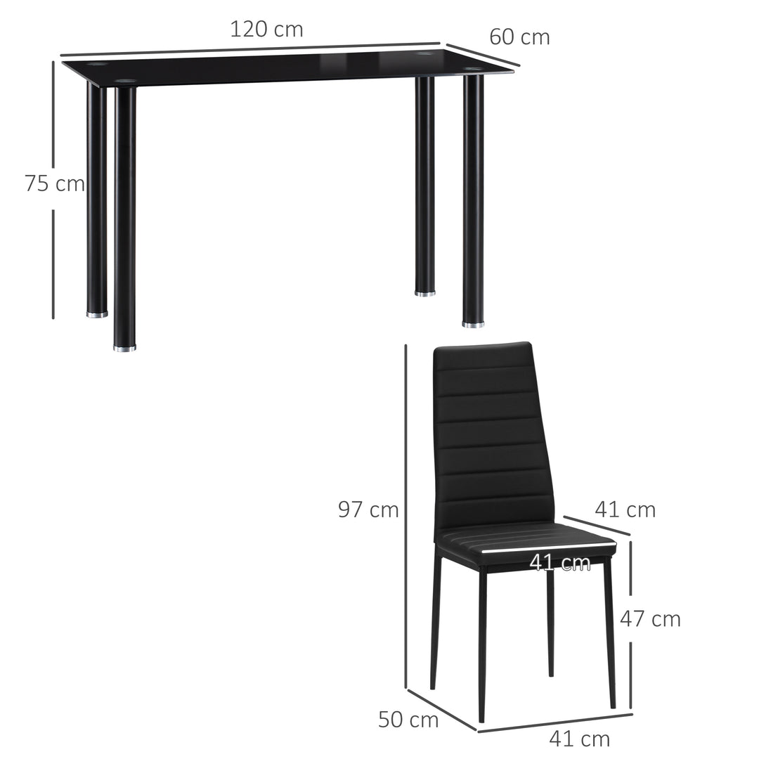 5-Delt spisebordssæt med 4 stole, moderne design, glasbord, sort