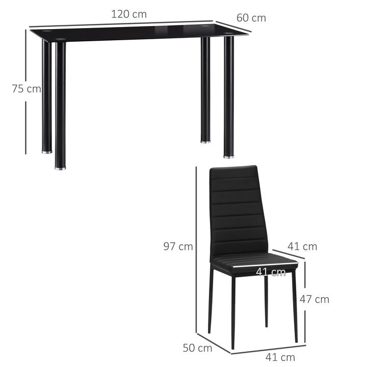 5-Delt spisebordssæt med 4 stole, moderne design, glasbord, sort
