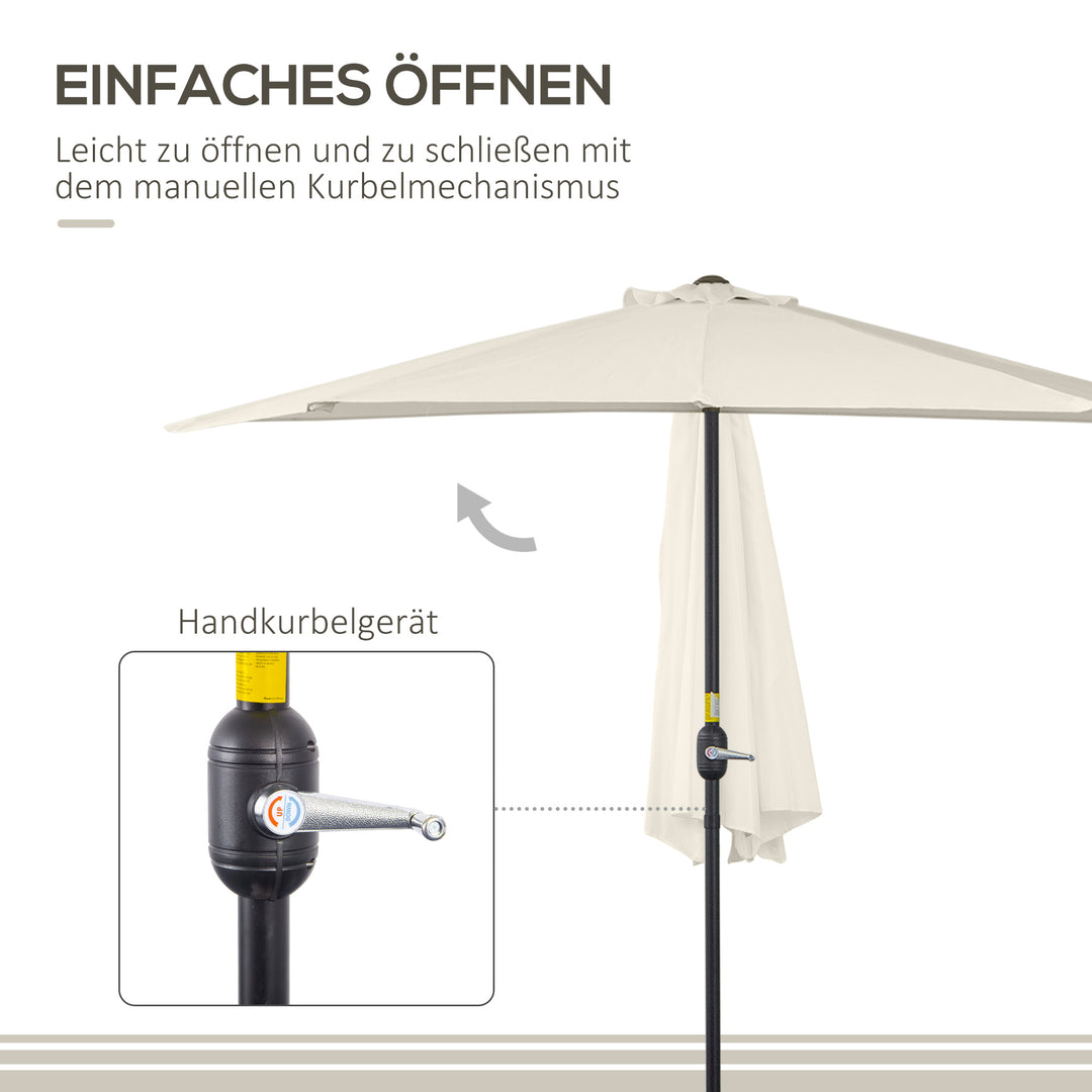 Halvcirkelformet parasol med håndsving, haveparasol, metalstel, balkonparasol, 293x150 cm, cremehvid