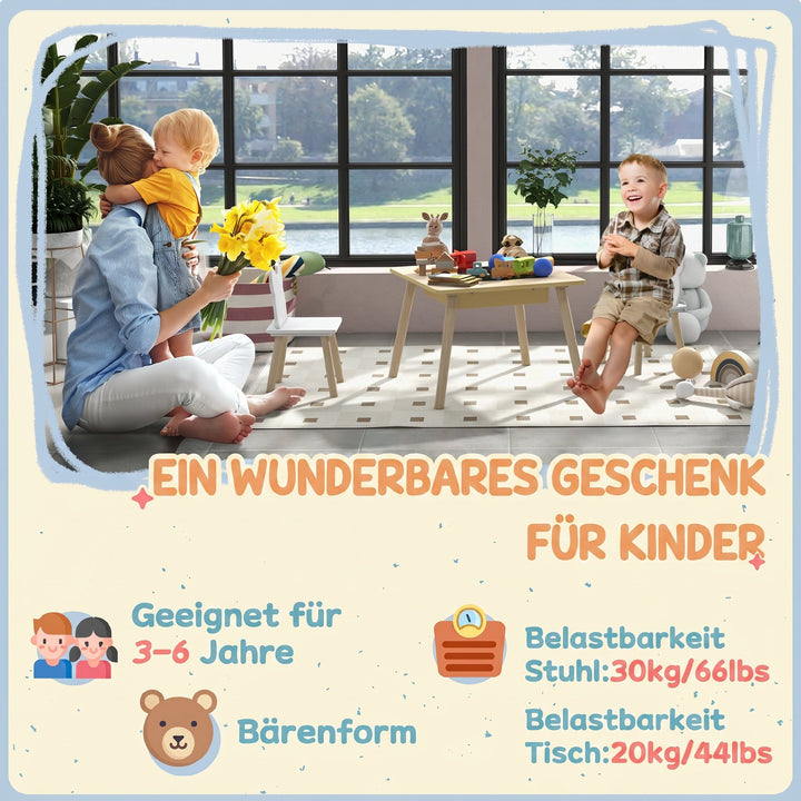 Børnebord med 2 stole, børnesædesæt med opbevaring, bjørneformet ryglæn til 3-6 år gamle børn, naturtræ