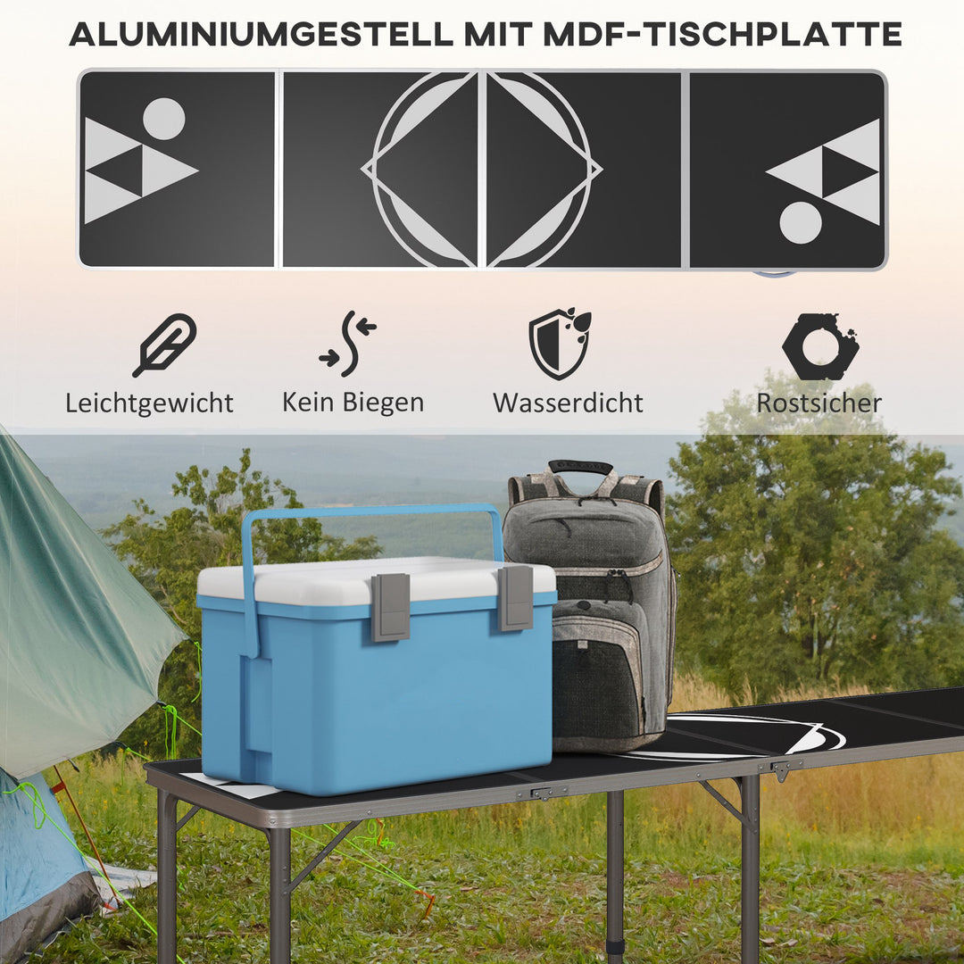 Sammenklappeligt campingbord, let, højdejusterbart, aluminiumsstel, 240 x 60 x 54/62/70 cm, sort
