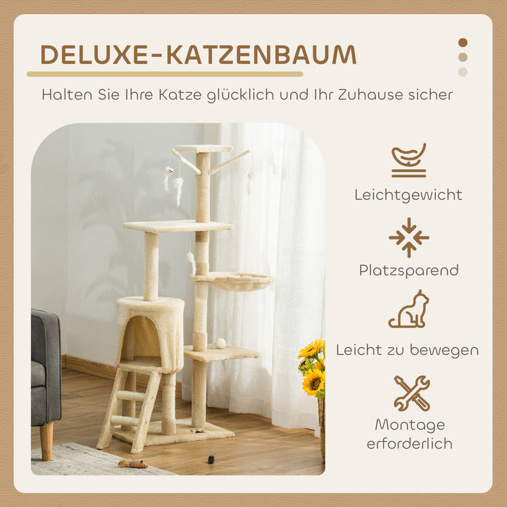Kradsetræ 134,2 cm kattetårn med hule, 2 sisal-legetøjsstolper, stor platform, trappe, kradsetræ i flere niveauer, klatretræ, til mellemstore katte, beige+hvid