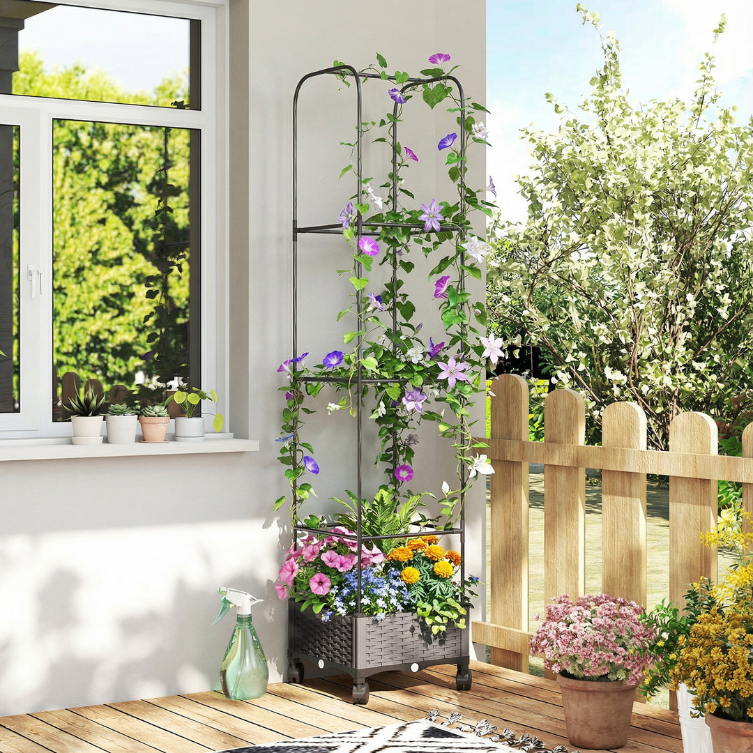 Højbed med espalier, mobil blomsterkasse med hjul, drænhul, plantekasse 40 x 40 x 185 cm