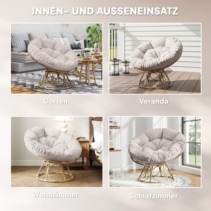 Papasan-stol i rattan, 360° drejelig kurvestol med siddehynde, rund udendørs