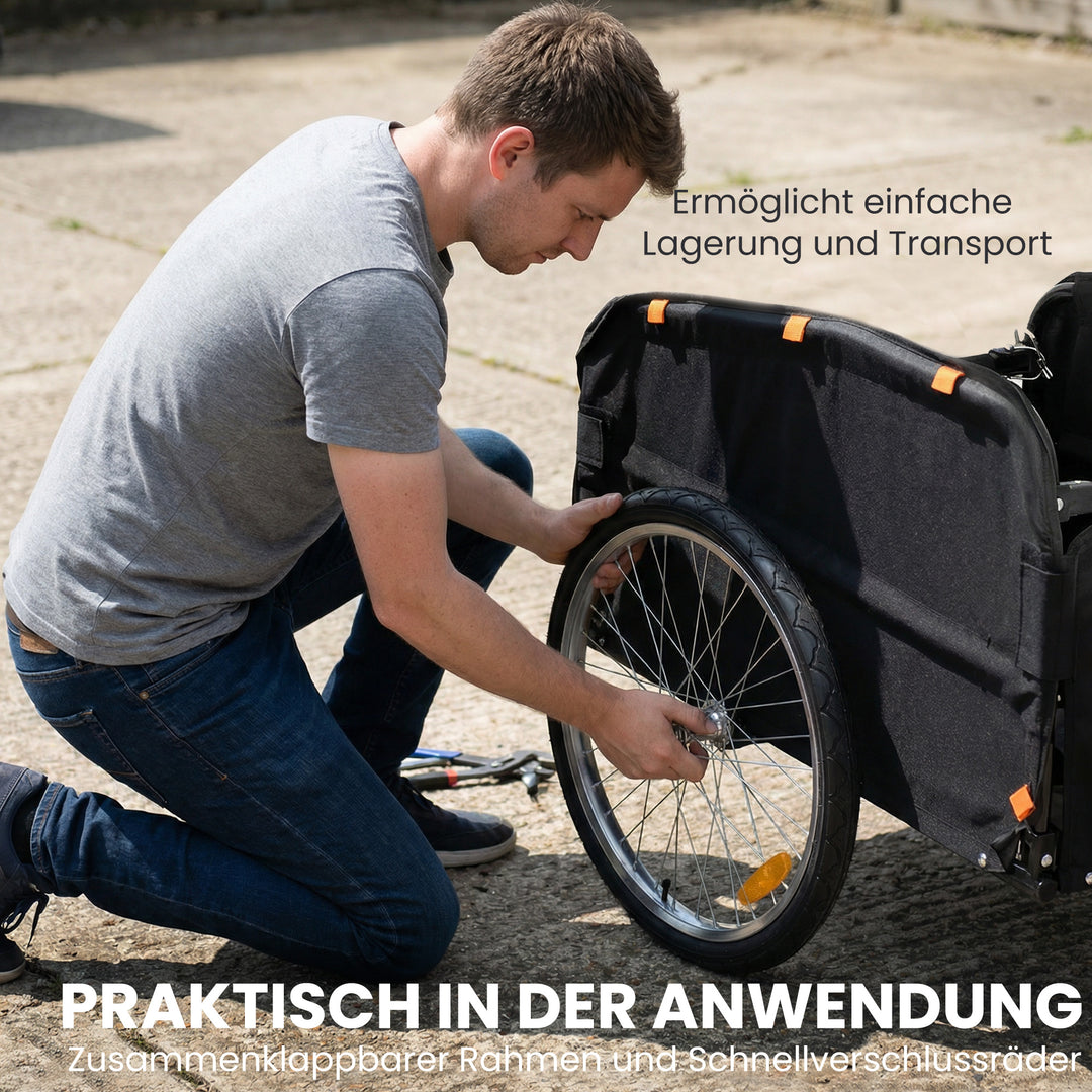 Cykeltrailer, 170 liter, cargo trailer med kobling, presenning, 51 cm hurtigudløser, luftdæk, op til 40 kg