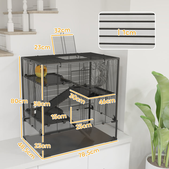 Hamsterbur med glasbund, 4-etagers hamsterbur med bur og tilbehør, 78,5l x 48,5b x 80h cm, sort