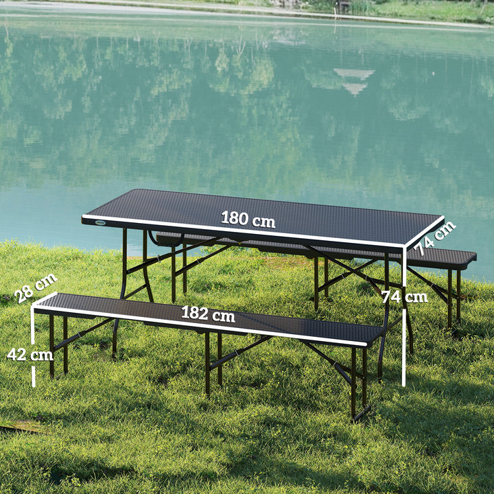 Picnicbord og bænke, 3-delt sæt, foldbart, plastik, metal, sort
