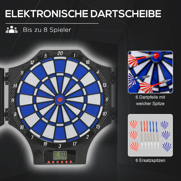 Elektronisk dartskive, 31 spil og 285 programmer, til 8 spillere, 2 døre, 6 dart, lyd, sort, 83 x 45 x 4 cm