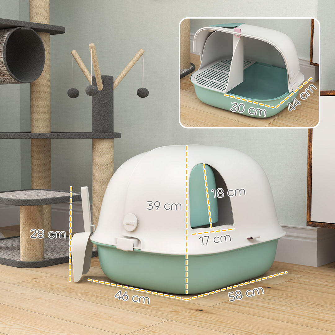 Kattebakke med låg, kattebakke med indvendig kanal, dør, skovl, nem at rengøre, plastik, grøn