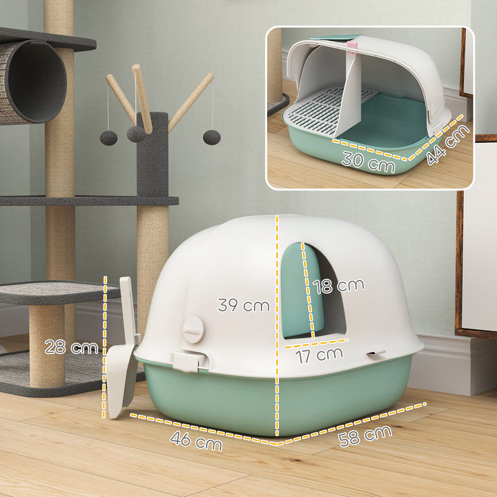 Kattebakke med låg, kattebakke med indvendig kanal, dør, skovl, nem at rengøre, plastik, grøn