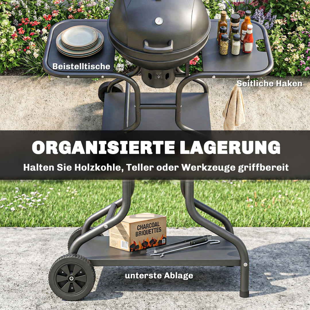 Kulgrill BBQ-ryger med sideborde, låg, termometer og hjul, 129 x 63,5 x 106,5 cm