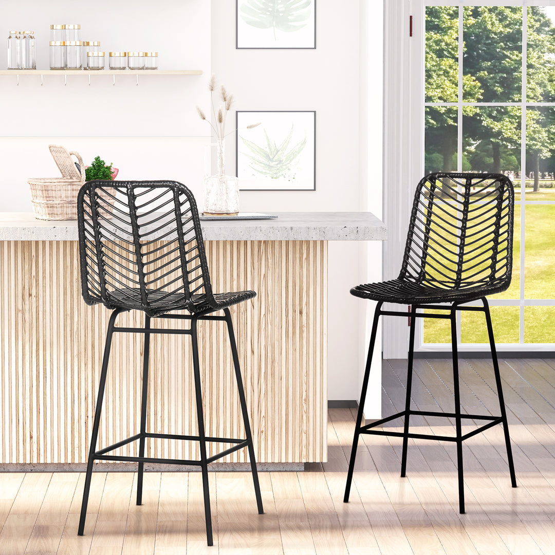Barstole, sæt med 2, rattan look, fodstøtte, stålstel, skridsikker, op til 120 kg, 42,5 x 52 x 102 cm, sort