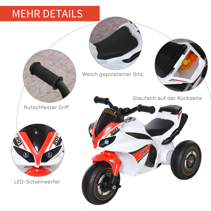 Ride-on børnemotorcykel, 18-36 måneder, musik/lys, op til 20 kg, hvid/rød