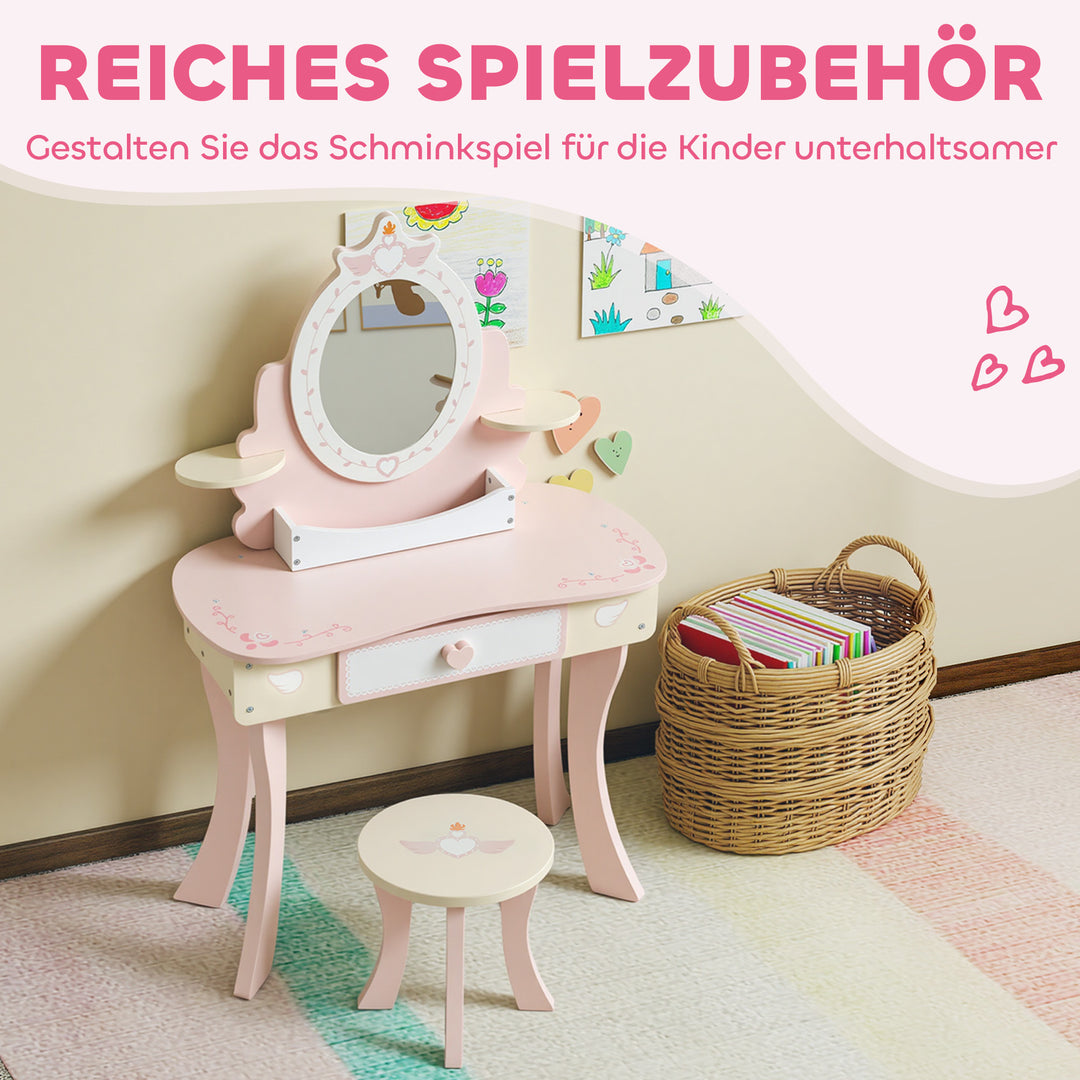 Børnesminkebord, stol, skuffe, aftageligt spejl, børneskrivebord med 7 tilbehør, 2-i-1 design, MDF, pink