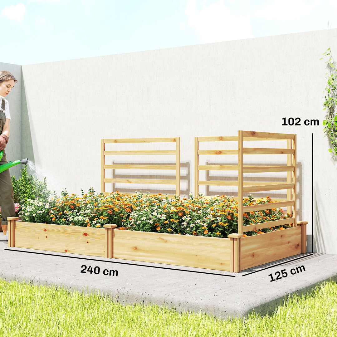 Højbed med espalier, træblomsterkasse med 3 espalierer, rumdeler, åben bund, 240 x 125 x 102 cm, naturtræ