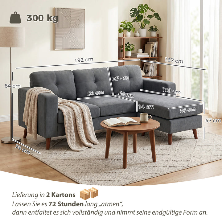 Hjørnesofa 192 cm L-formet 3-personers sofa med vendbar chaiselong, corduroy-look, til små rum, mørkegrå