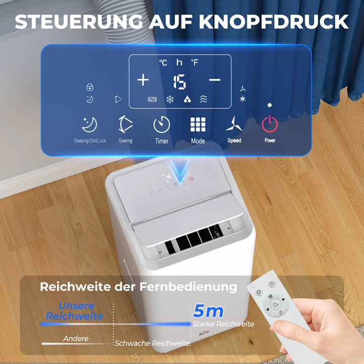Bærbart klimaanlæg med udstødningsslange, 12000 BTU (3,5 kW), 5-i-1, 24-timers timer, fjernbetjening, op til 35 m²